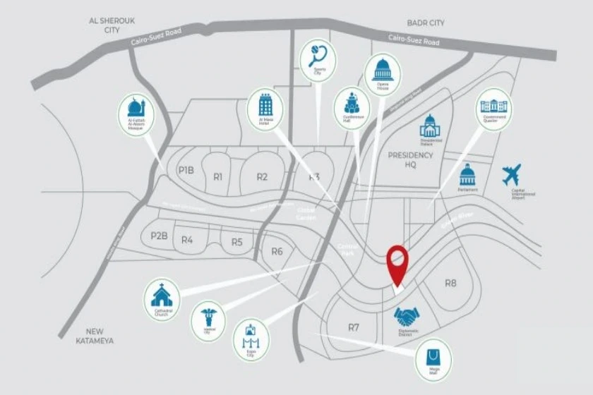 كمبوند بلو فيرت العاصمة الإدارية Bleu Vert New Capital موقع كمبوند بلو فيرت في قلب العاصمة الادارية